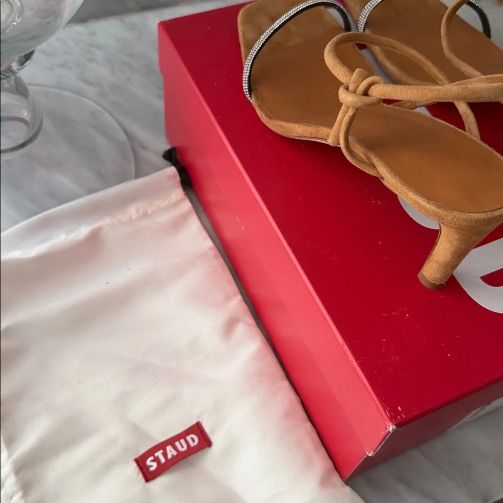 STAUD Tan Suede Strappy Heeled Sandals Rhinestone laurel Crystal heel size 38.5 - Picture 4 of 16